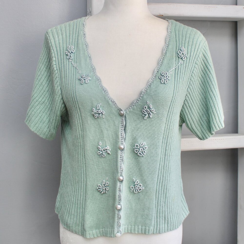 Rabbit Rabbit Rabbit Sage Green Floral Knit Short Sleeve Cardigan Size Medium/8